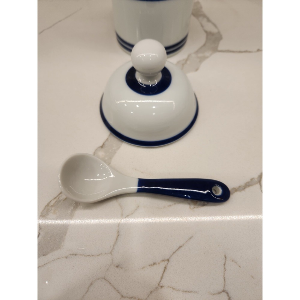 Vintage Dansk Blue & White Ceramic Lidded Condiment/Jam Sugar Bowl With Spoon‎ - Picture 4 of 8